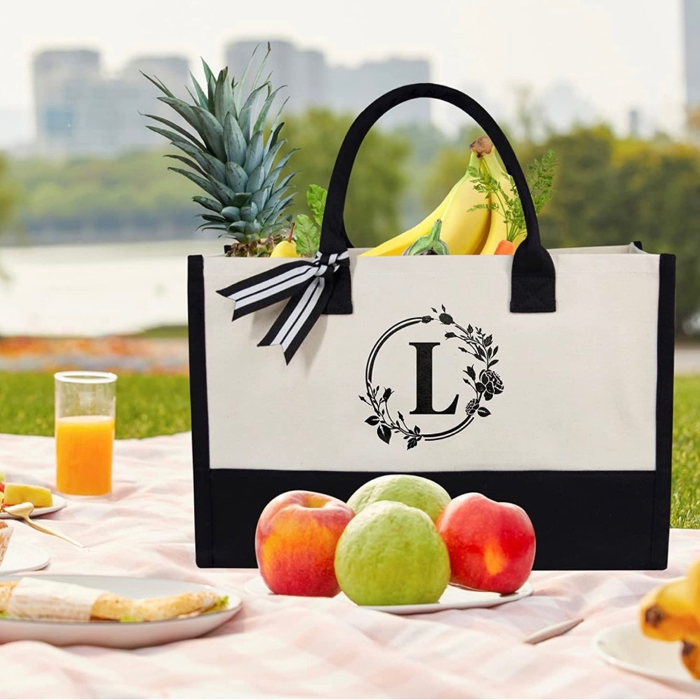 Letter L Initial Cotton Canvas Tote Bag - Picture 5 of 5